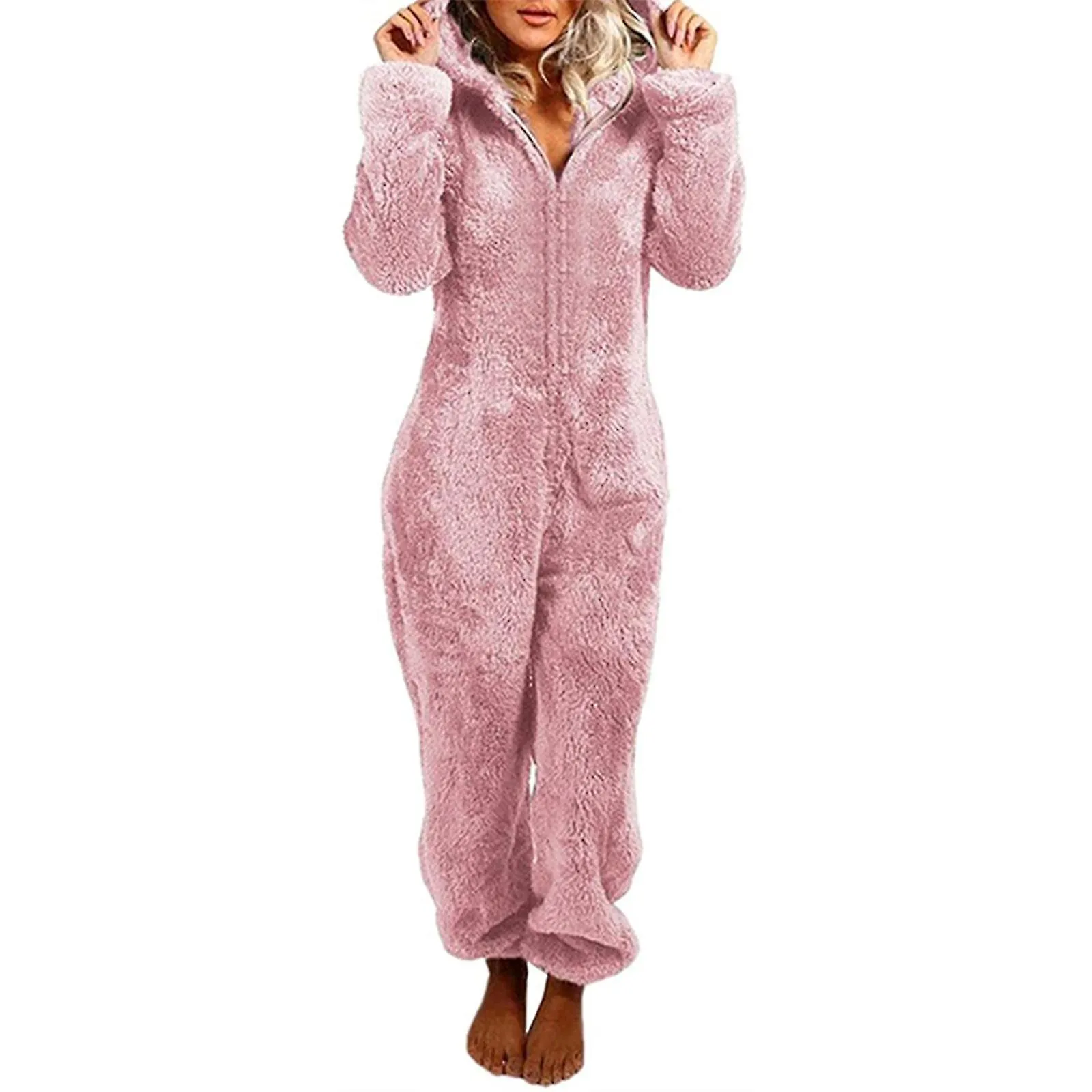 Adorable Zipper Hooded Jumpsuit Women Fleece Pajama Long Pants Sleepwear Plush