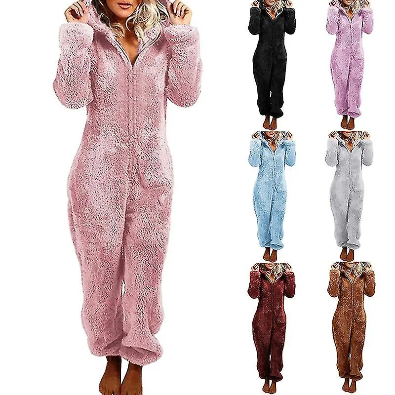 Adorable Zipper Hooded Jumpsuit Women Fleece Pajama Long Pants Sleepwear Plush