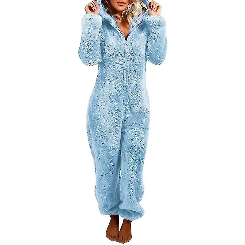 Adorable Zipper Hooded Jumpsuit Women Fleece Pajama Long Pants Sleepwear Plush
