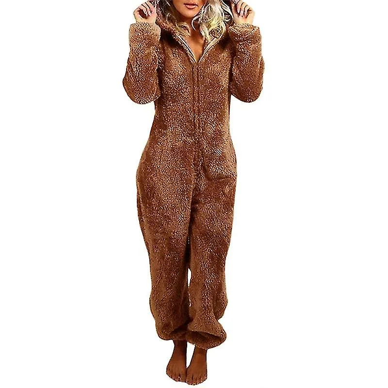 Adorable Zipper Hooded Jumpsuit Women Fleece Pajama Long Pants Sleepwear Plush