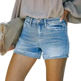 Mujeres Casual Pantalones cortos de mezclilla de cintura alta Frayed Hem Pantalones cortos de jeans rasgados